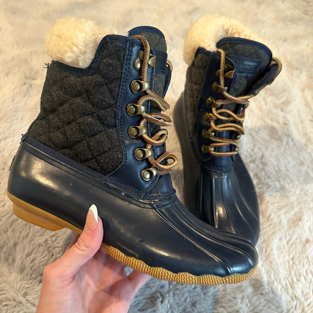 Sperry Top Sider Rubber & Wool Boots Blue Brown Fur Lined Warm Shoes Size 7